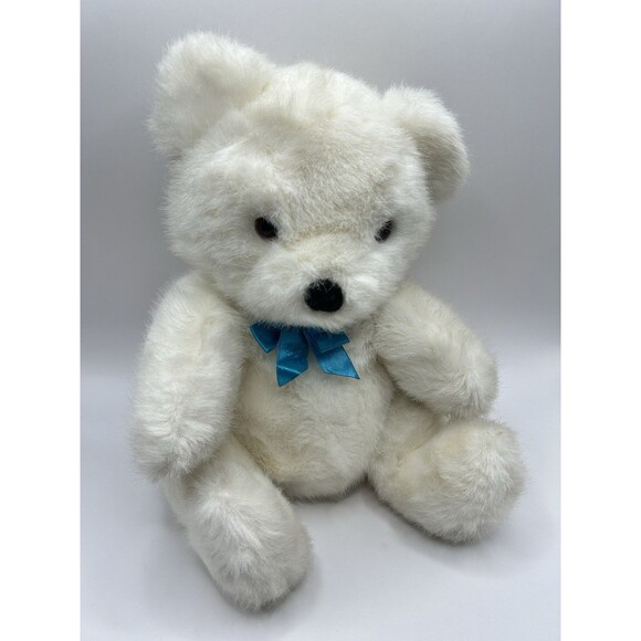 Vintage Dakin White Bear Plush Stuffed Animal Blue Bow 11” Sitting Fuzzy 1990 - Picture 3 of 15